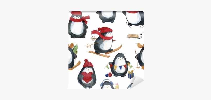 Seamless Watercolor Pattern - Christmas Penguin Watercolor, transparent png