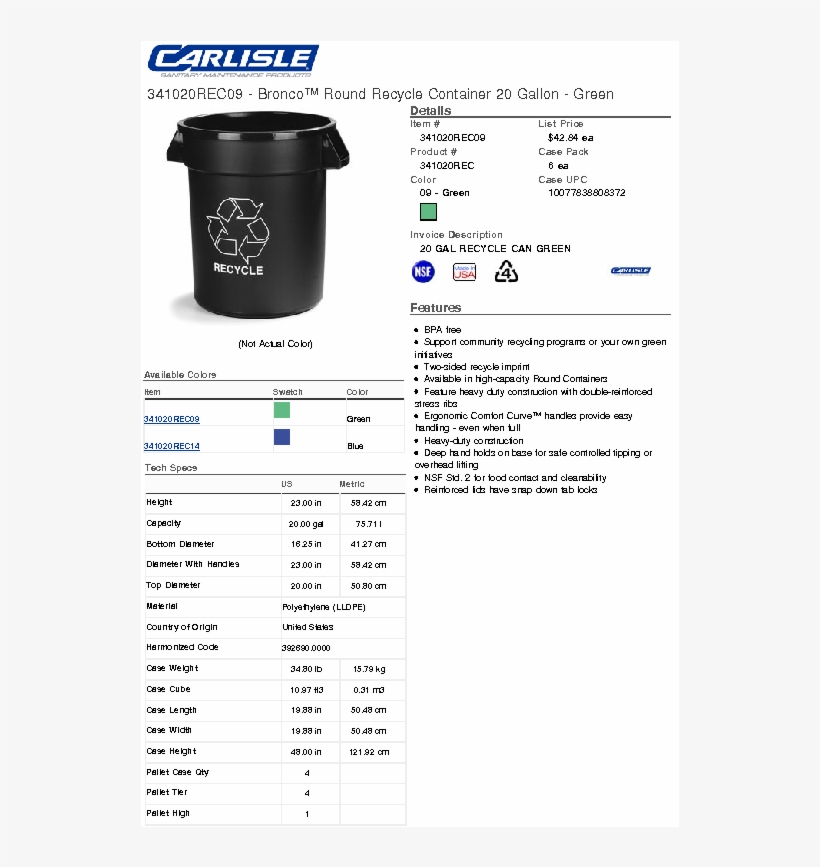 Download Spec Sheet - Bronco Recycling Container 44 Gal - Blue - Pkg Qty, transparent png