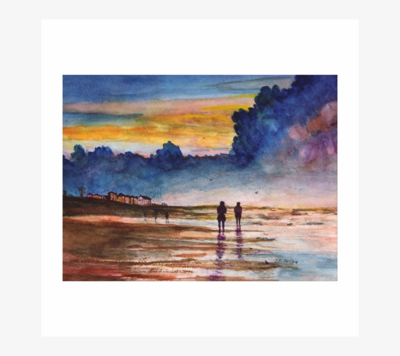Stormy Sunset Beach Combing Watercolor Seascape Canvas - Watercolor Painting, transparent png