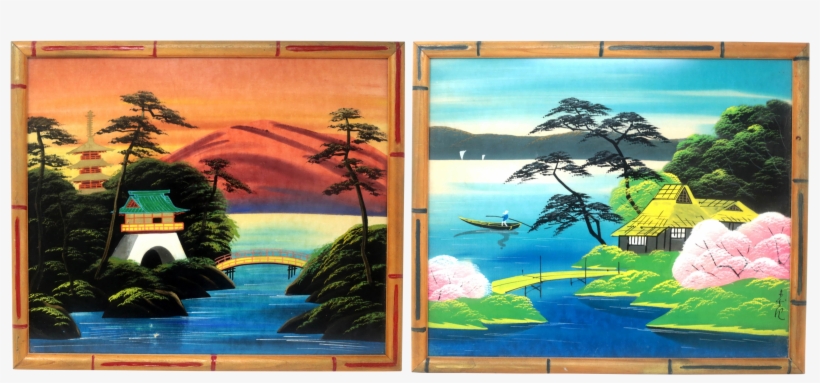 Vintage Colorful Pagoda Landscape Paintings In Faux - Landscape Painting, transparent png