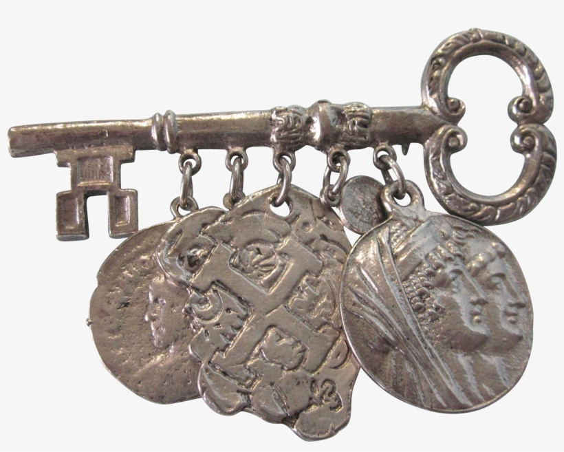 Chunky Vintage Key With Coin Dangles Silvertone Brooch - Antique, transparent png