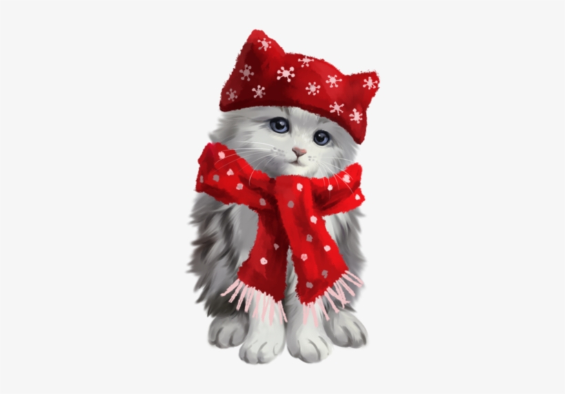 Cute Kitty Kitten Cat Grey White Red Scarf Hat Christma - Cat, transparent png
