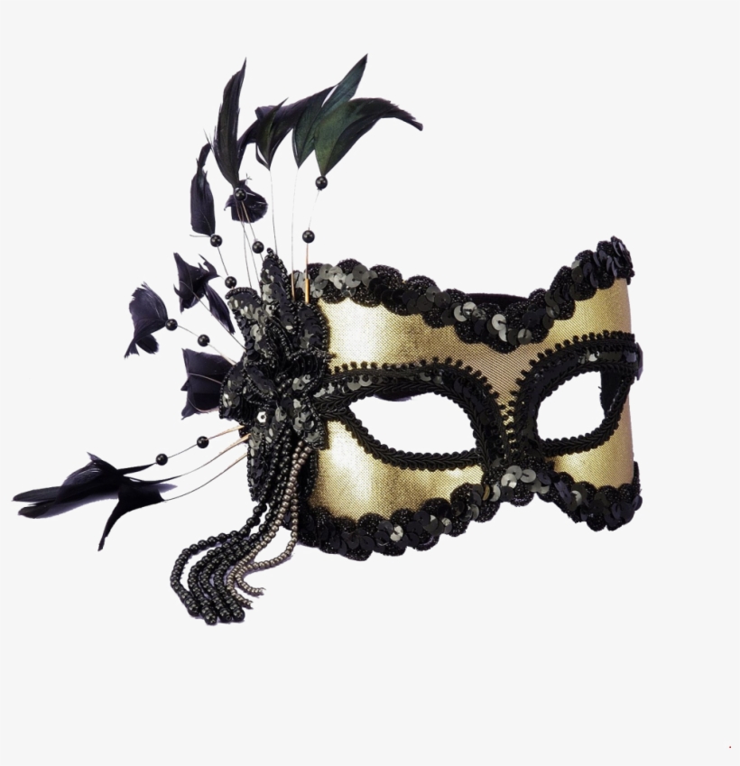 Venetian Mask Png Image Background - Black And Gold Sequin And Feather Mardi Gras Mask, transparent png
