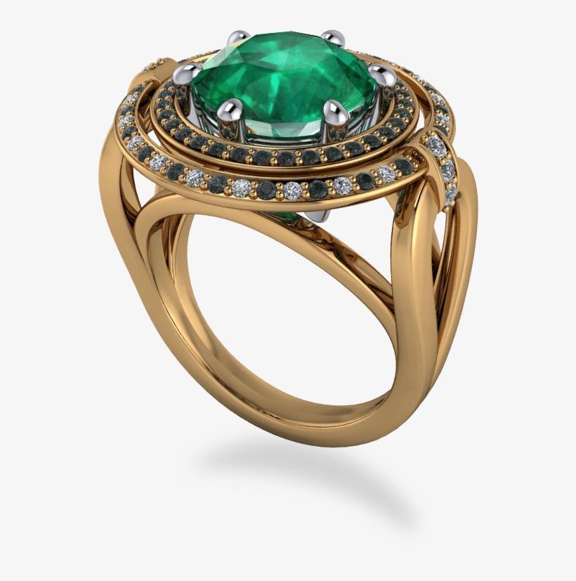 18k Yellow Gold & Platinum 2 Row Round Emerald Halo - Engagement Ring, transparent png