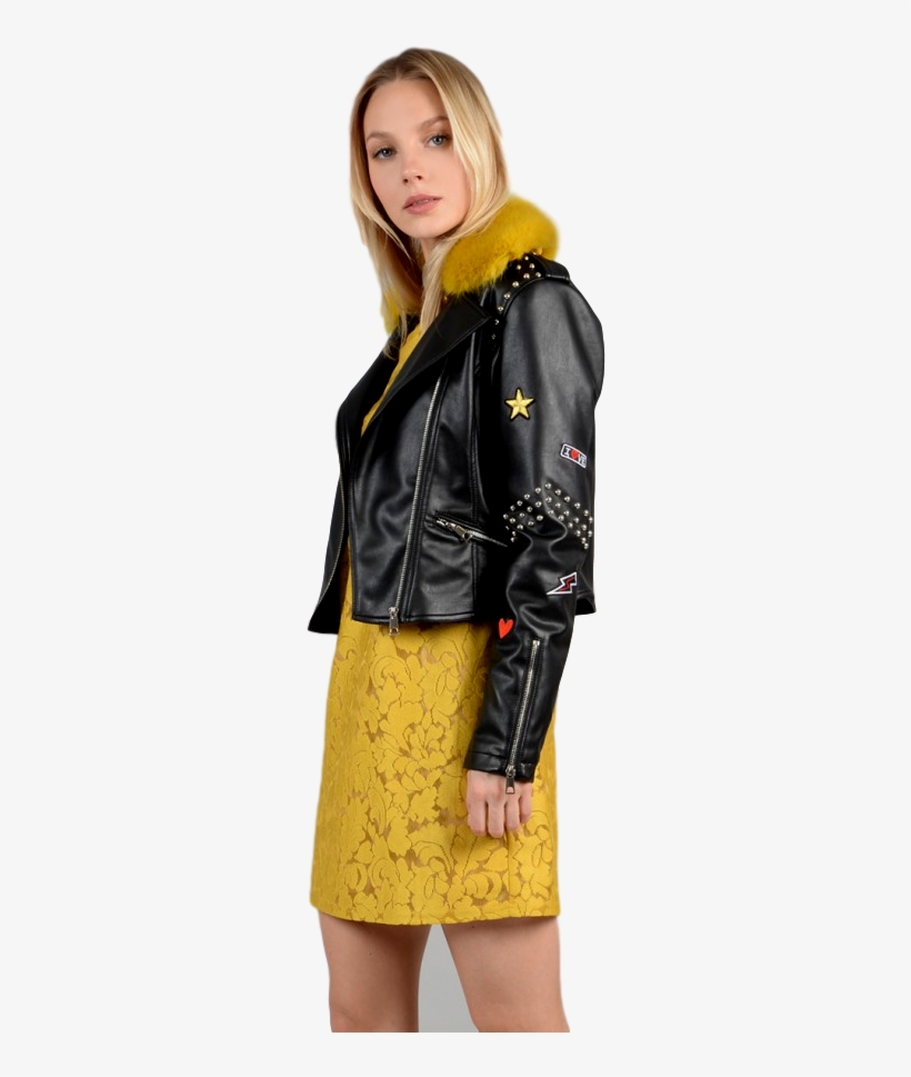 Ladies Woven Black W Yellow Faux Fur Jacket - Leather Jacket, transparent png