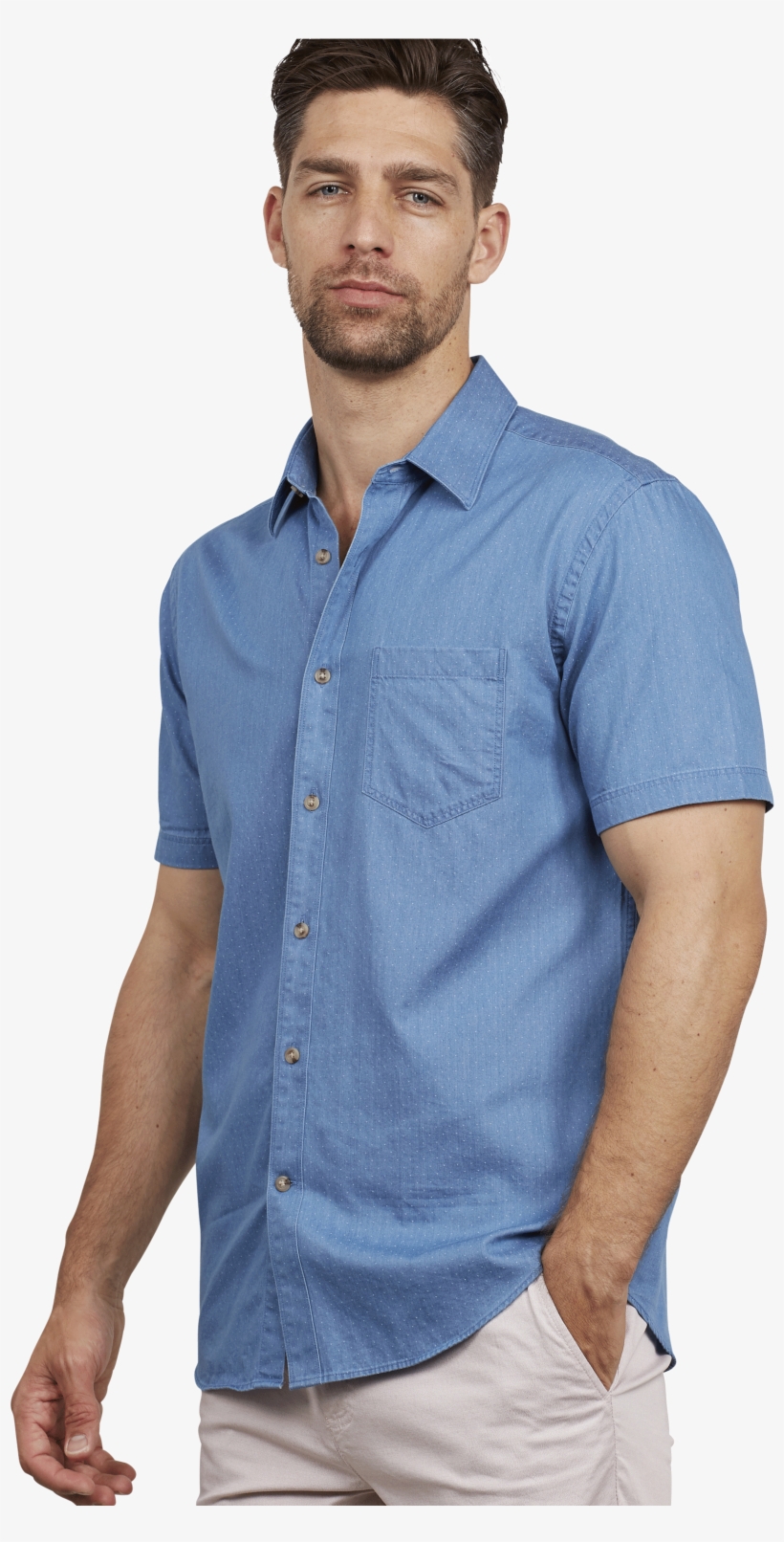 Get The Melgund Dobby Shirt In Denim Online - Freemans Knitted Polo Jumper In Khaki Size 38r, transparent png