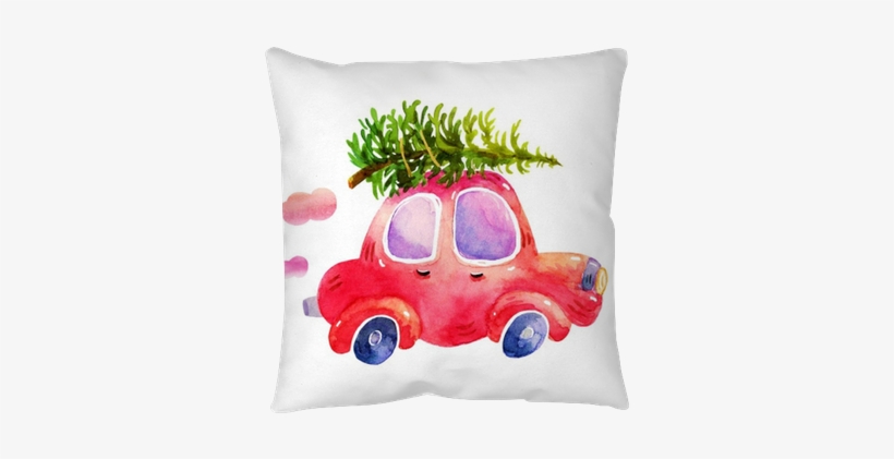 Watercolor Winter Retro Car With Christmas Tree Illustrations - Christmas Tree On Car Drawing, transparent png