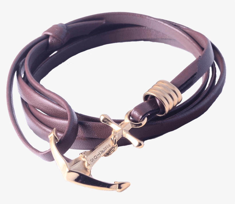 Gold Anchor Brown Leather Bracelet - Bracelet, transparent png