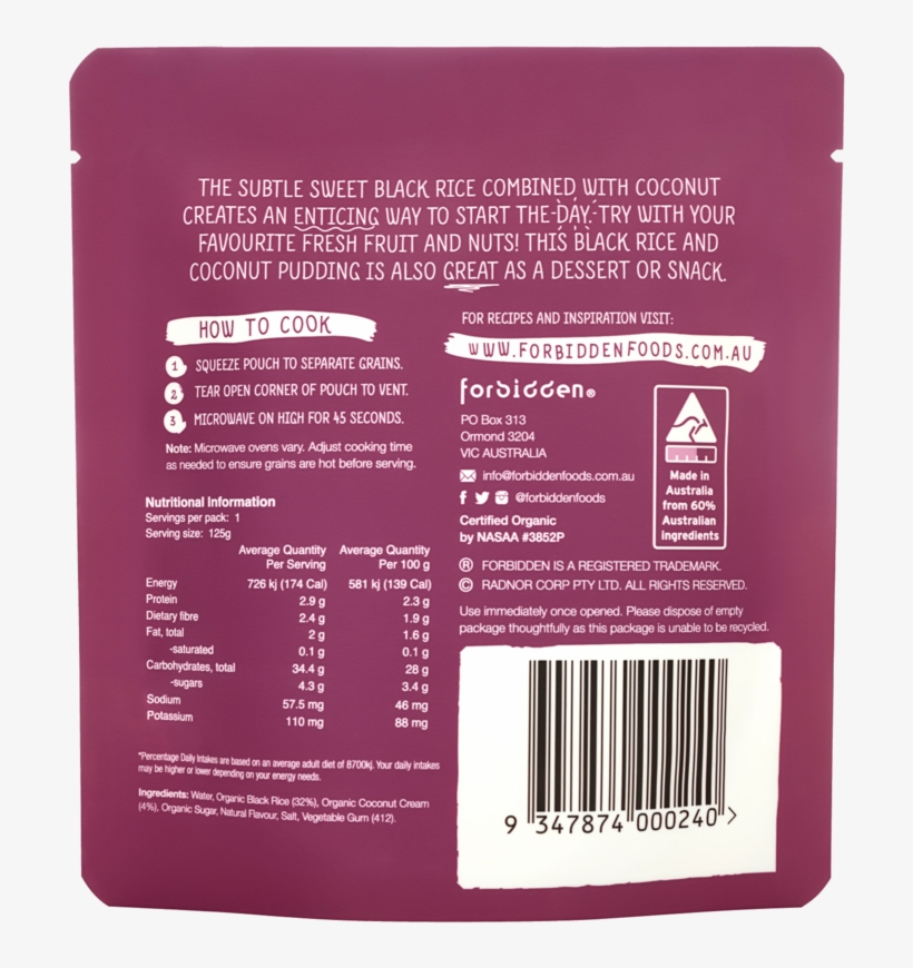 Forbidden Brekky Rice Black Rice & Coconut Organic - Forbidden Black Rice & Quinoa Organic Instant Rice, transparent png