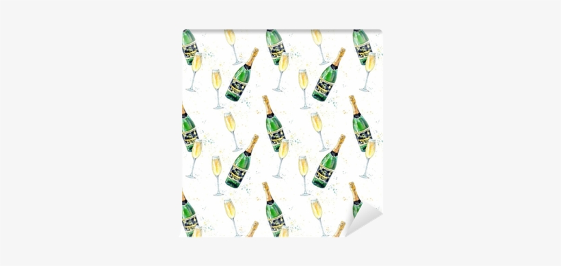 Seamless Pattern Of A Champagne And Glasses - Watercolor Painting, transparent png