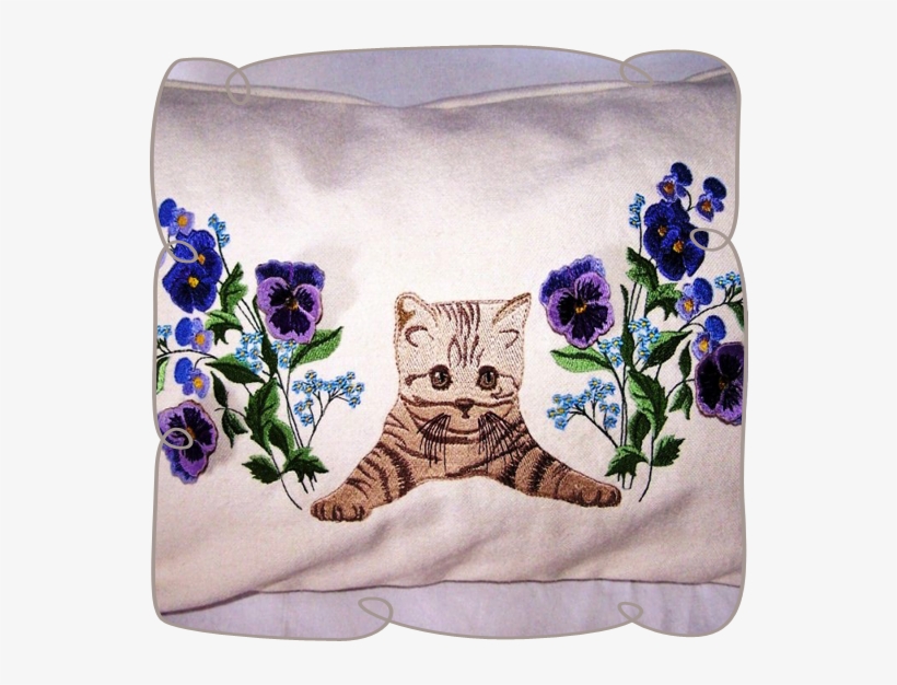 Kitten With Pansies - Machine Embroidery, transparent png