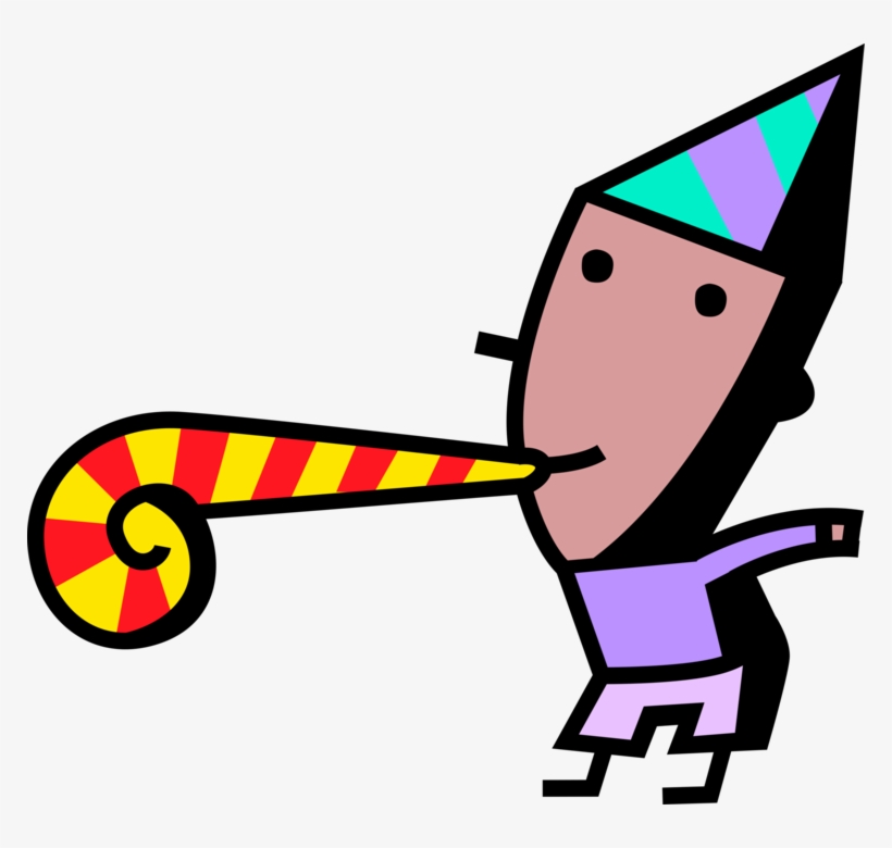 Vector Illustration Of Birthday Boy Blows Party Noisemaker - Vector Graphics, transparent png
