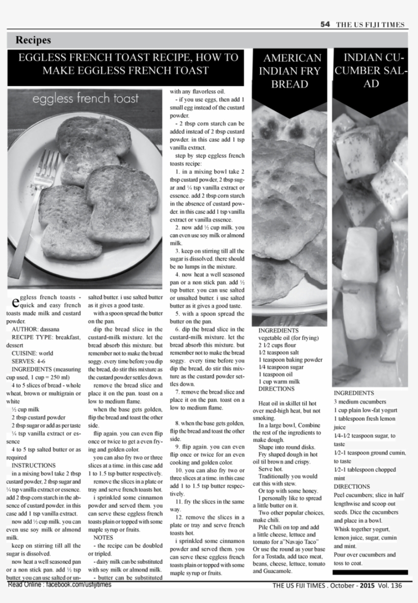 54 The Us Fiji Times Recipes Eggless French Toast Recipe, - Recipe, transparent png