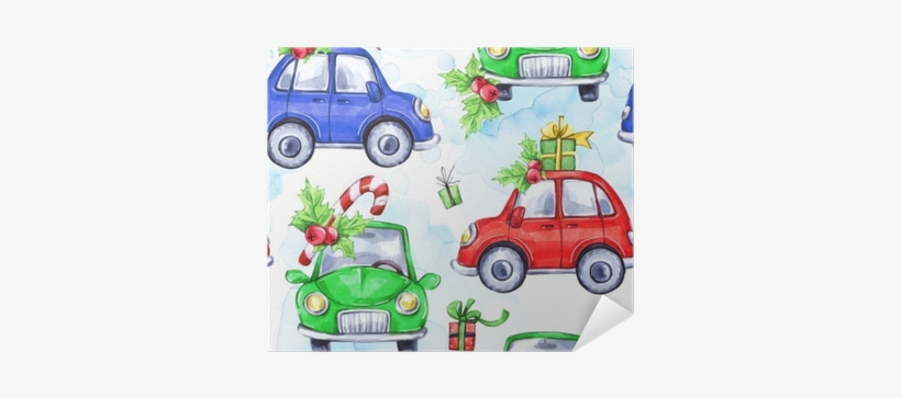 Watercolor Seamless Pattern With Cartoon Holidays Cars - Watercolor Painting, transparent png