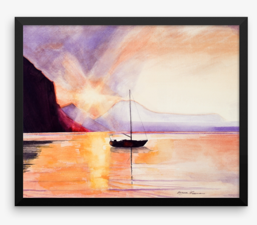 Baja Sunset With Sailboat Framed Watercolor Print - Painting, transparent png