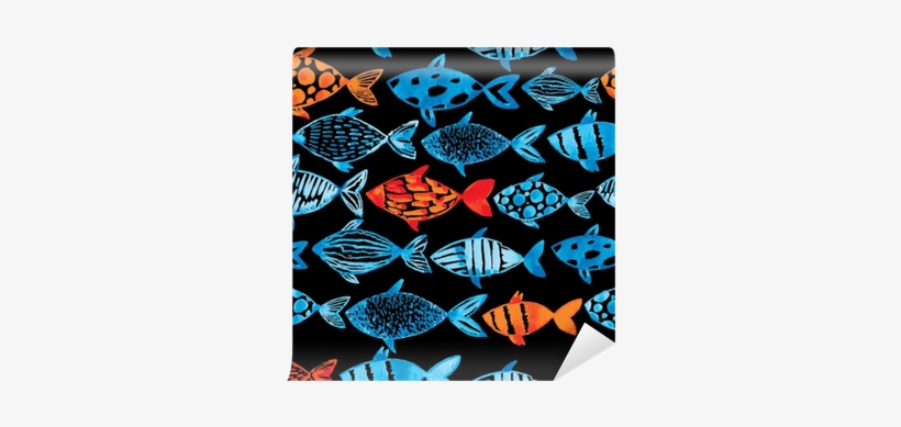 Light Watercolor Blue And Gold Fishes On The Black - Watercolor Painting, transparent png