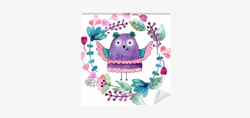 Watercolor Funny Illustration With Owl And Flowers - Watercolor Painting, transparent png