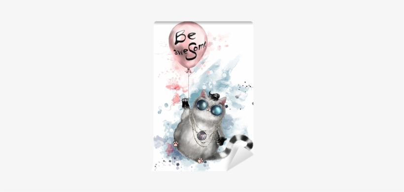 Illustration Of A Cute Cat In Rocker Style, With Round - Watercolor Painting, transparent png