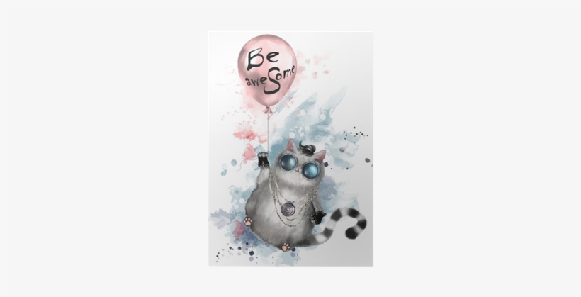Illustration Of A Cute Cat In Rocker Style, With Round - Watercolor Painting, transparent png