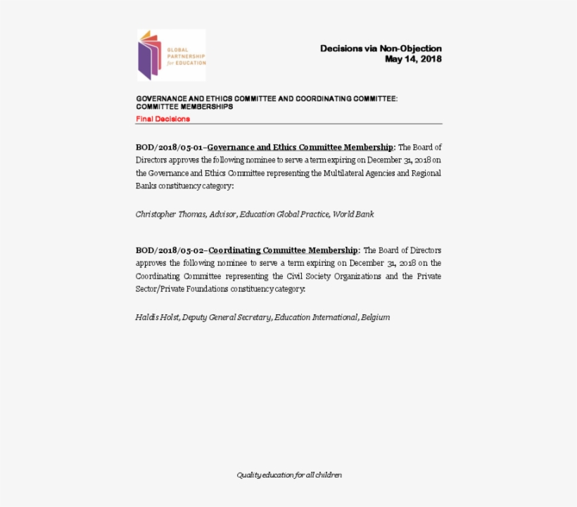 Board Decision Via Non-objection - Global Partnership For Education, transparent png