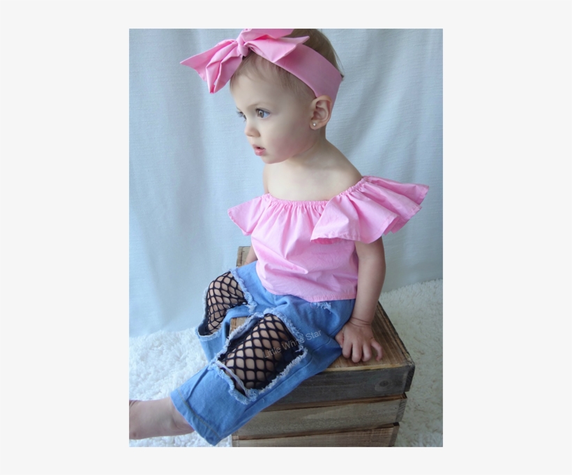 Pink Off-shoulder Fishnet Denim Pants 3pcs Set - Trousers, transparent png