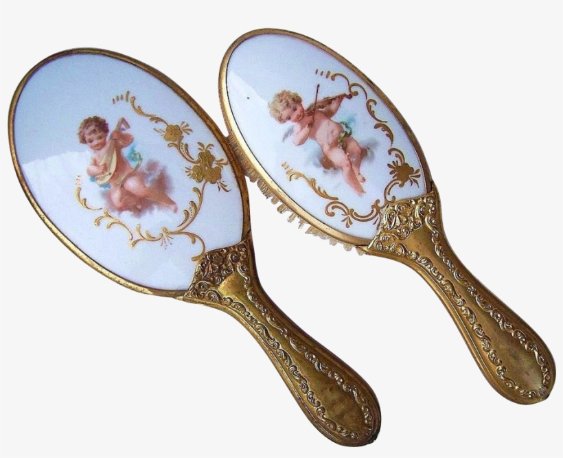 Gorgeous Limoges 1900's Matched Pair "cherubs" Hand - Mirror, transparent png