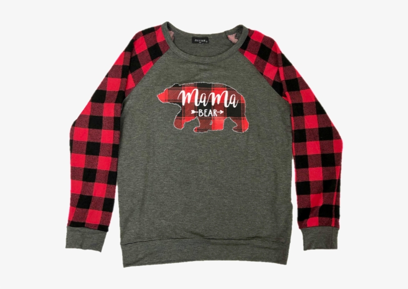 Mama Bear Sweatshirt Top With Buffalo Plaid, Gray And - Sweater, transparent png