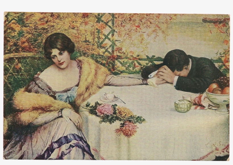 Artist Signed Vintage Postcard Of Sad Couple - Vintage Clothing, transparent png