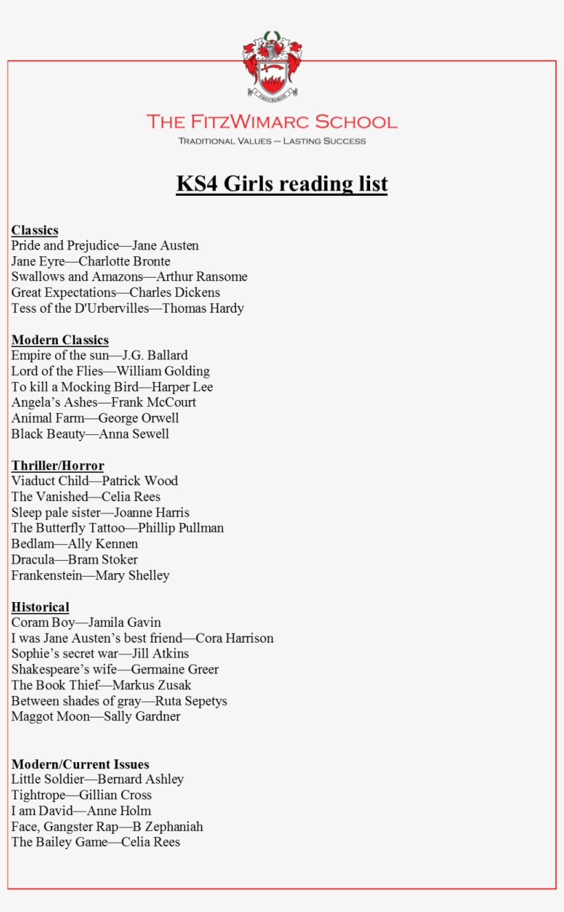 Ks4 Girls Reading 0 - Ks 4 Reading List, transparent png
