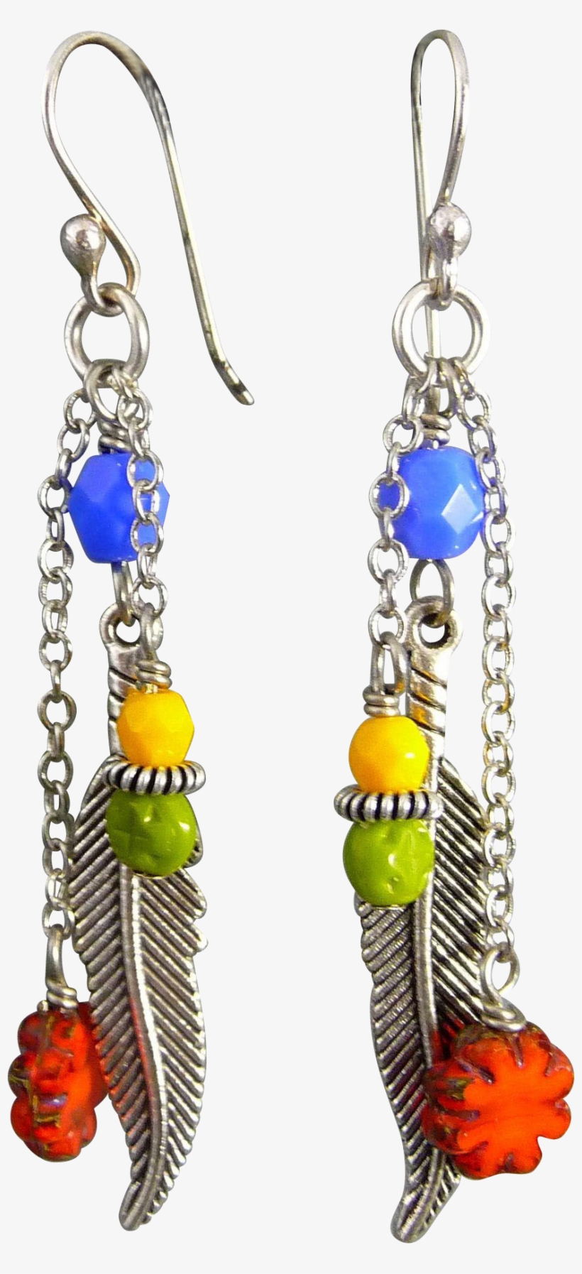 Colorful Silver Feather Czech Glass Earrings - Earring, transparent png