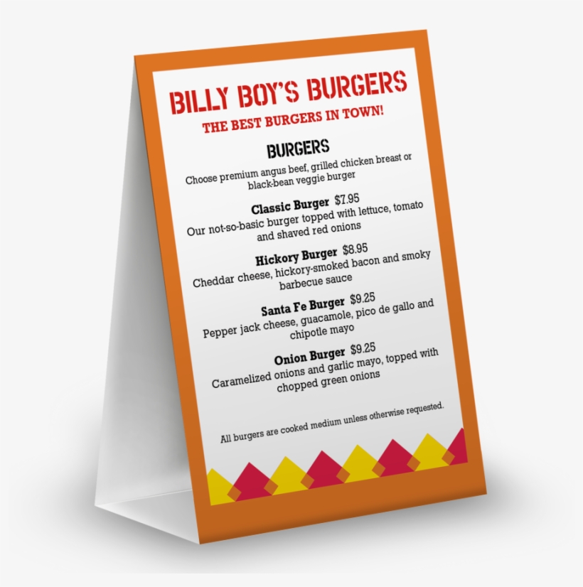 Hamburger Table Tent Menu - Menu, transparent png