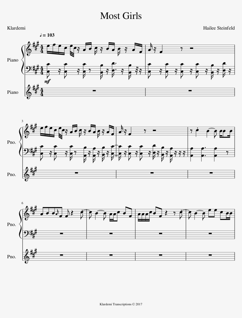 Most Girls Hailee Steinfeld Sheet Music For Piano Download, transparent png