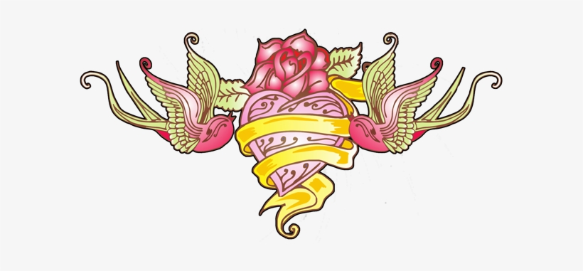 Flying Swallows And Pink Heart With Banner Tattoo Design - Design, transparent png