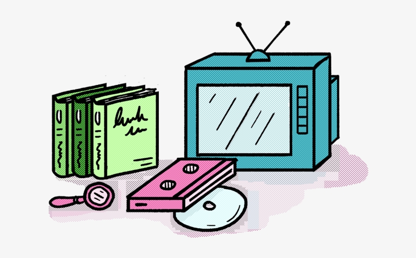 A Drawn Image Of A Tv, Three Books, Vhs Tape, Cd, And - Television, transparent png