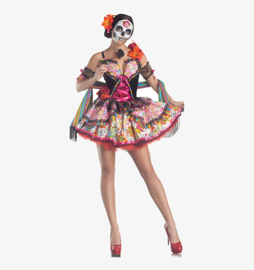 Day Of The Dead Costume Includes Colorful Skull Print, transparent png