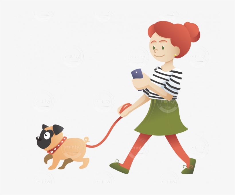 A Redhead Girl Walking With Her Pug And Checking Her - Cartoon Girl Walking Png, transparent png