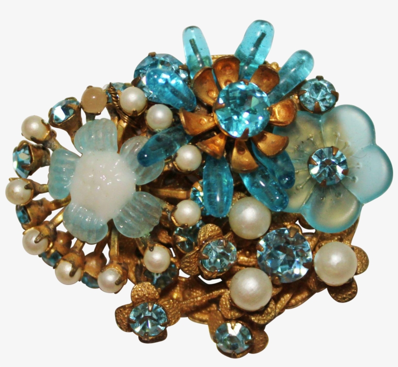 Vintage Miriam Haskell Blue Glass, Pearl & Rhinestone, transparent png
