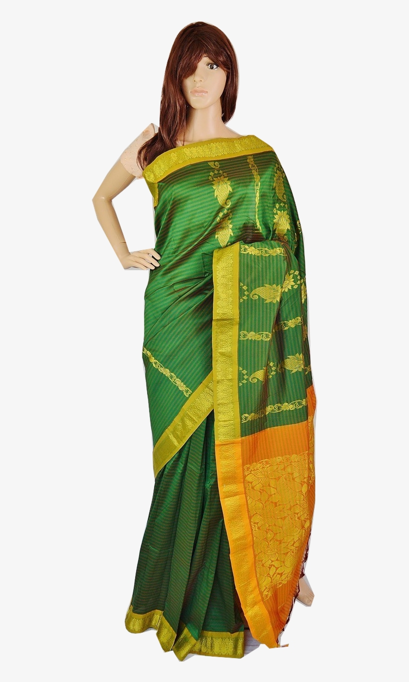 Gorgeous Green & Gold Stripe Silk Saree, transparent png