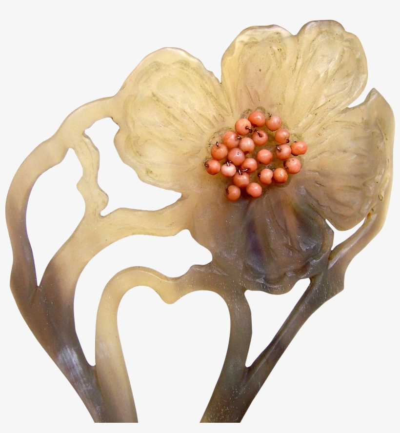Art Nouveau Hair Comb Carved Painted Horn Coral Flower, transparent png