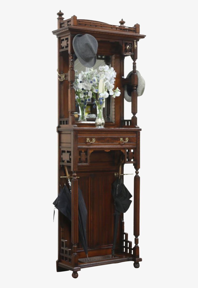 Victorian Eastlake Antique Hall Stand & Mirror, Hooks,, transparent png