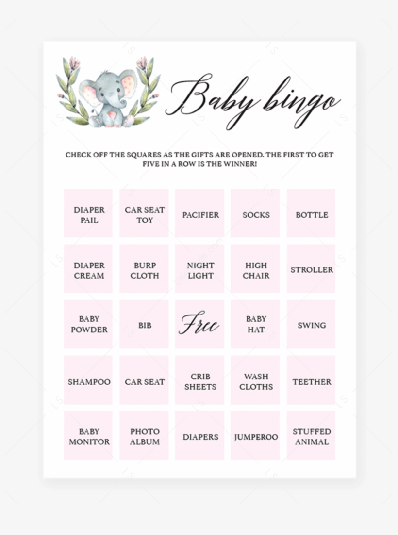 Pink Elephant Shower Baby Bingo Cards By Littlesizzle, transparent png