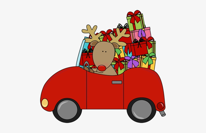 Reindeer Driving A Car Filled With Gifts - Christmas Car Clipart, transparent png