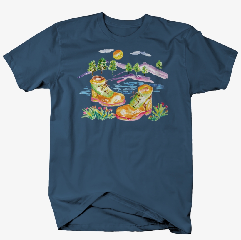 Watercolor Work Boots Hills Trees Sun Flowers Water - Shirts By Sarah Men's American Made Football Beer T-shirts, transparent png