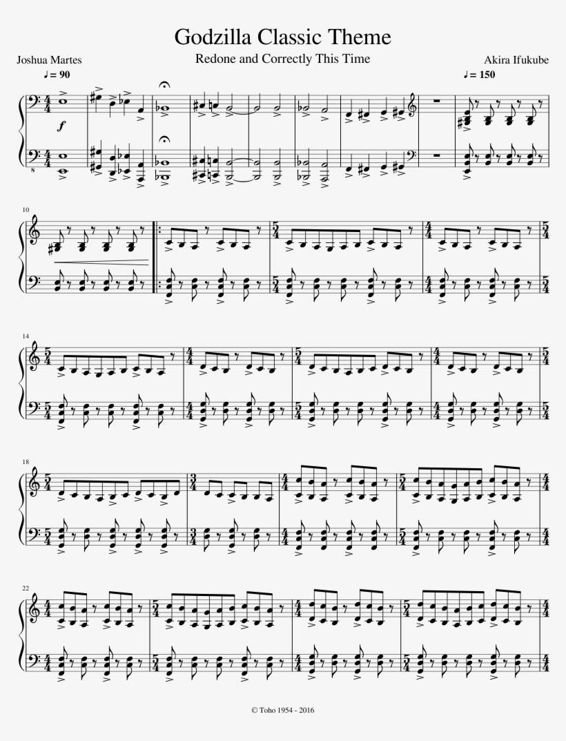 Godzilla Classic Theme Sheet Music For Piano Download, transparent png