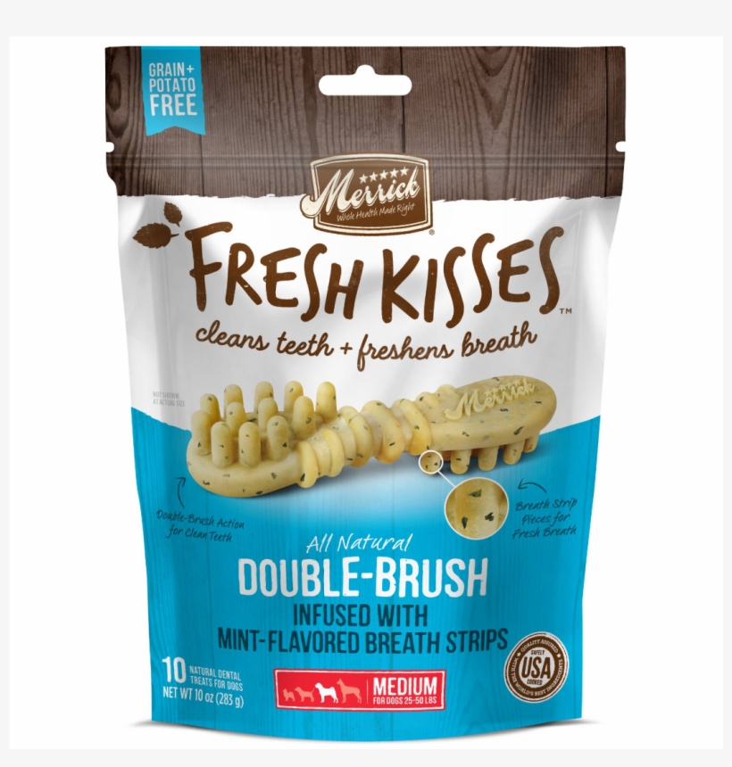 Merrick Fresh Kisses Mint Breath Strips Medium Brush - Merrick Fresh Kisses Double Brush Dental Treats Large, transparent png