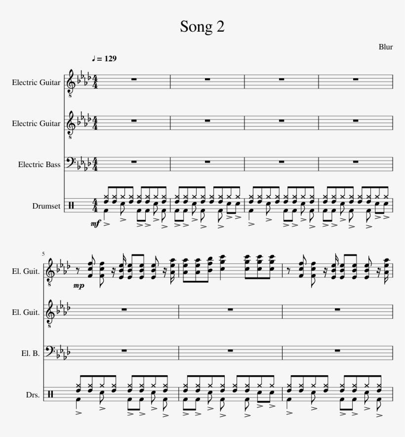 Song 2- Blur Sheet Music For Bass, Guitar, Percussion, transparent png