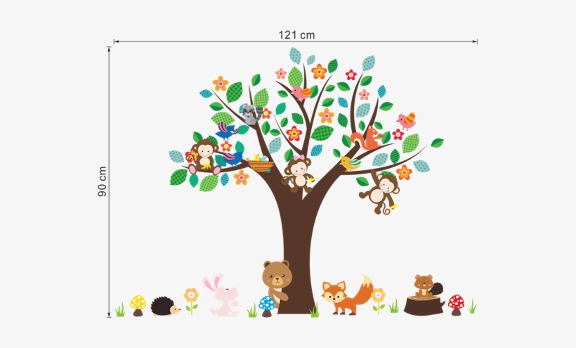 Spring Tree And Animals Wall Sticker Size - Cartoon Big Tree, transparent png