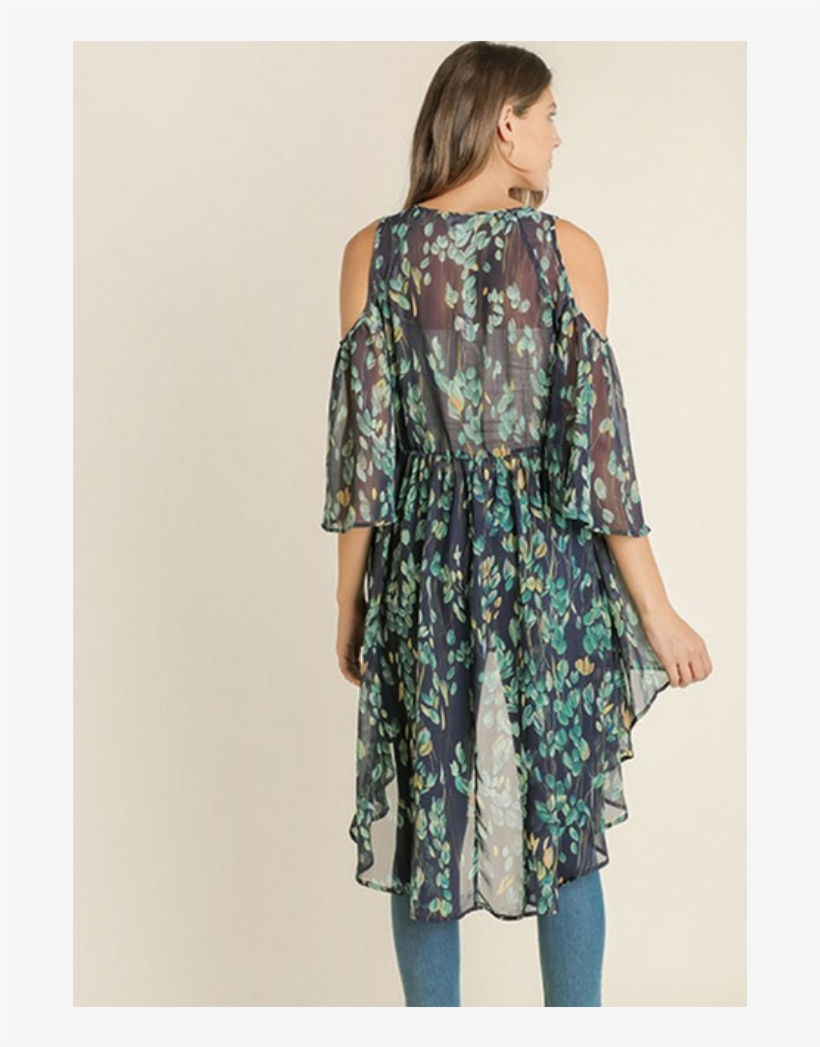 Navy Feather Print Cold Shoulder Duster - Day Dress, transparent png