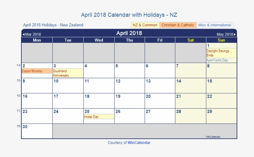 April 2018 Calendar With Nz Holidays To Print - April 2019 Calendar Australia, transparent png
