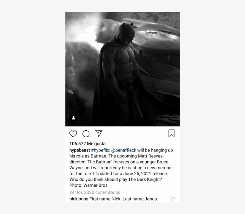 El Comentario De Nick Jonas A La Publicación De Hypebeast - Ben Affleck Batman Car, transparent png